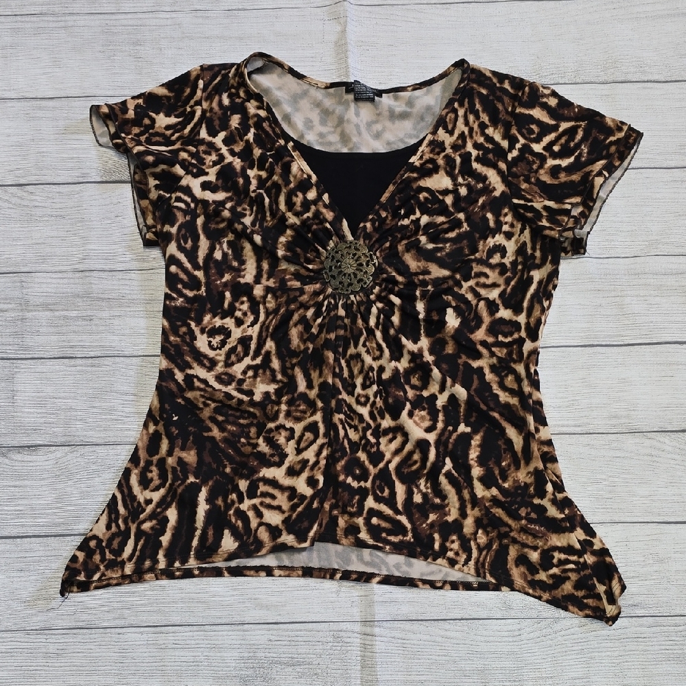 Notations Brown and Black Asymmetrical Embellished Blouse Size XL